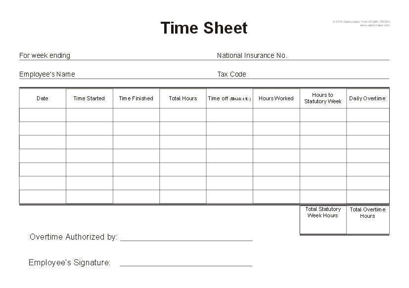 TIME SHEET CARDS (A5/Pack of 25) T025 (Record of Staff Hours Worked)